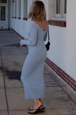 PinkBlush Light Blue V - Neck Long Sleeve Fitted Maxi Dress - 