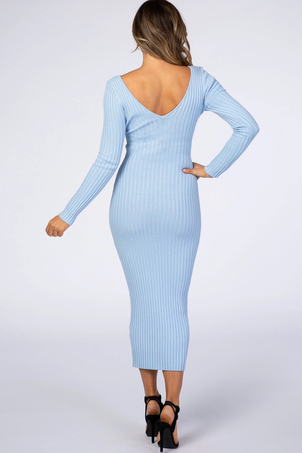 PinkBlush Light Blue V - Neck Long Sleeve Fitted Maxi Dress - 