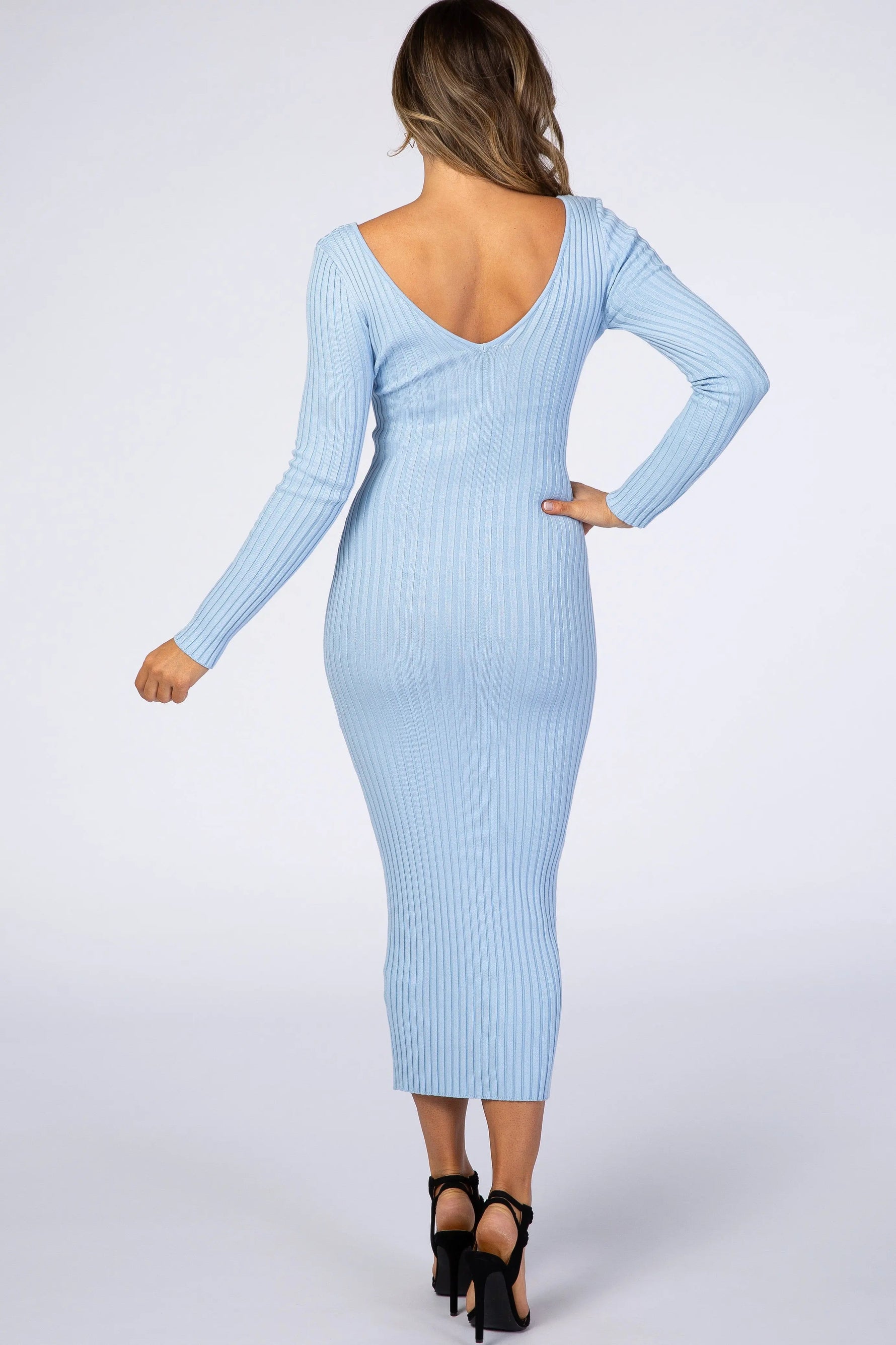 PinkBlush Light Blue V - Neck Long Sleeve Fitted Maxi Dress - 