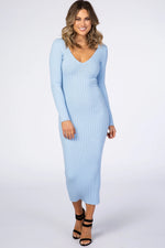 PinkBlush Light Blue V - Neck Long Sleeve Fitted Maxi Dress - 