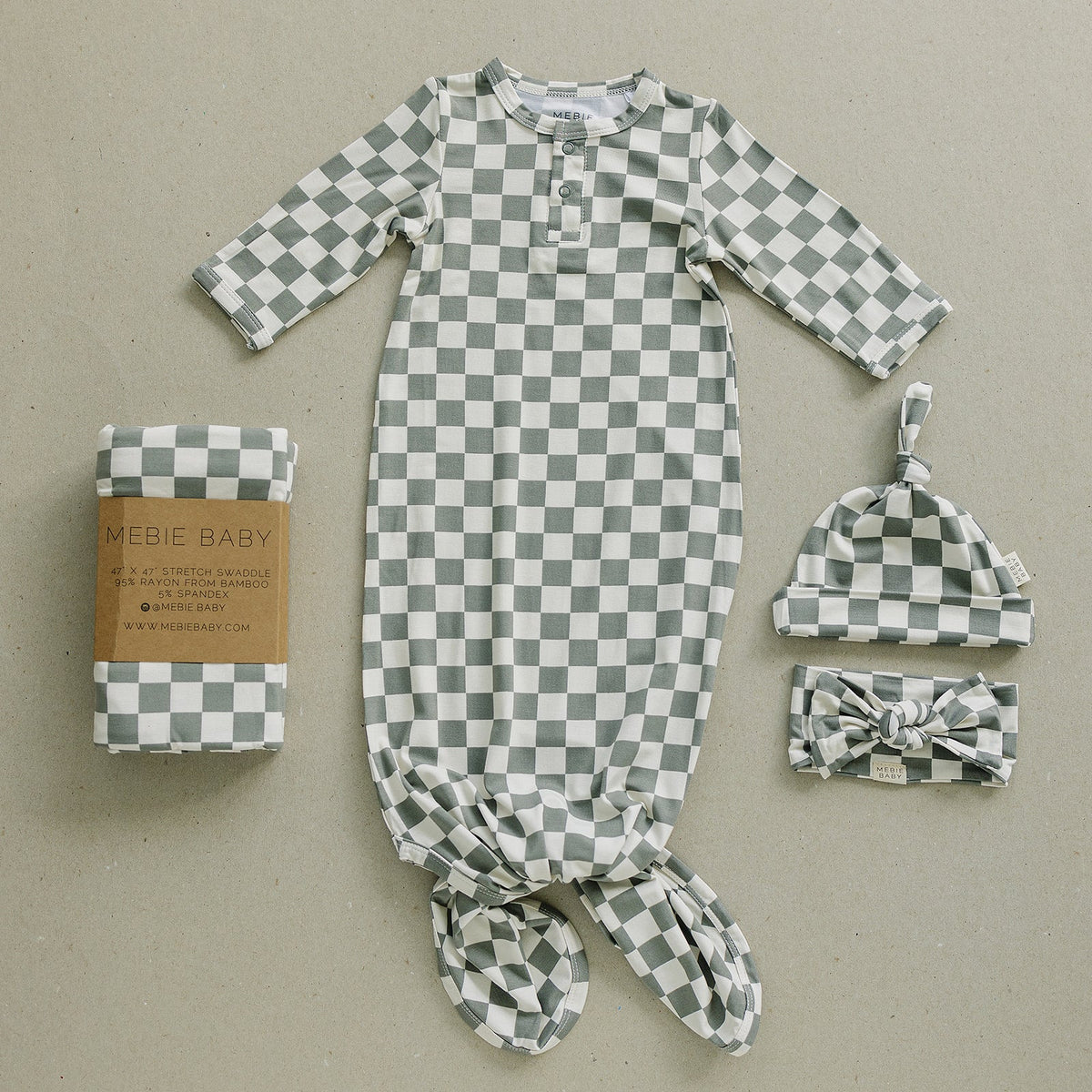 Mebie Baby Light Green Checkered Bamboo Head Wrap One Size Fits Newborns And Up - 