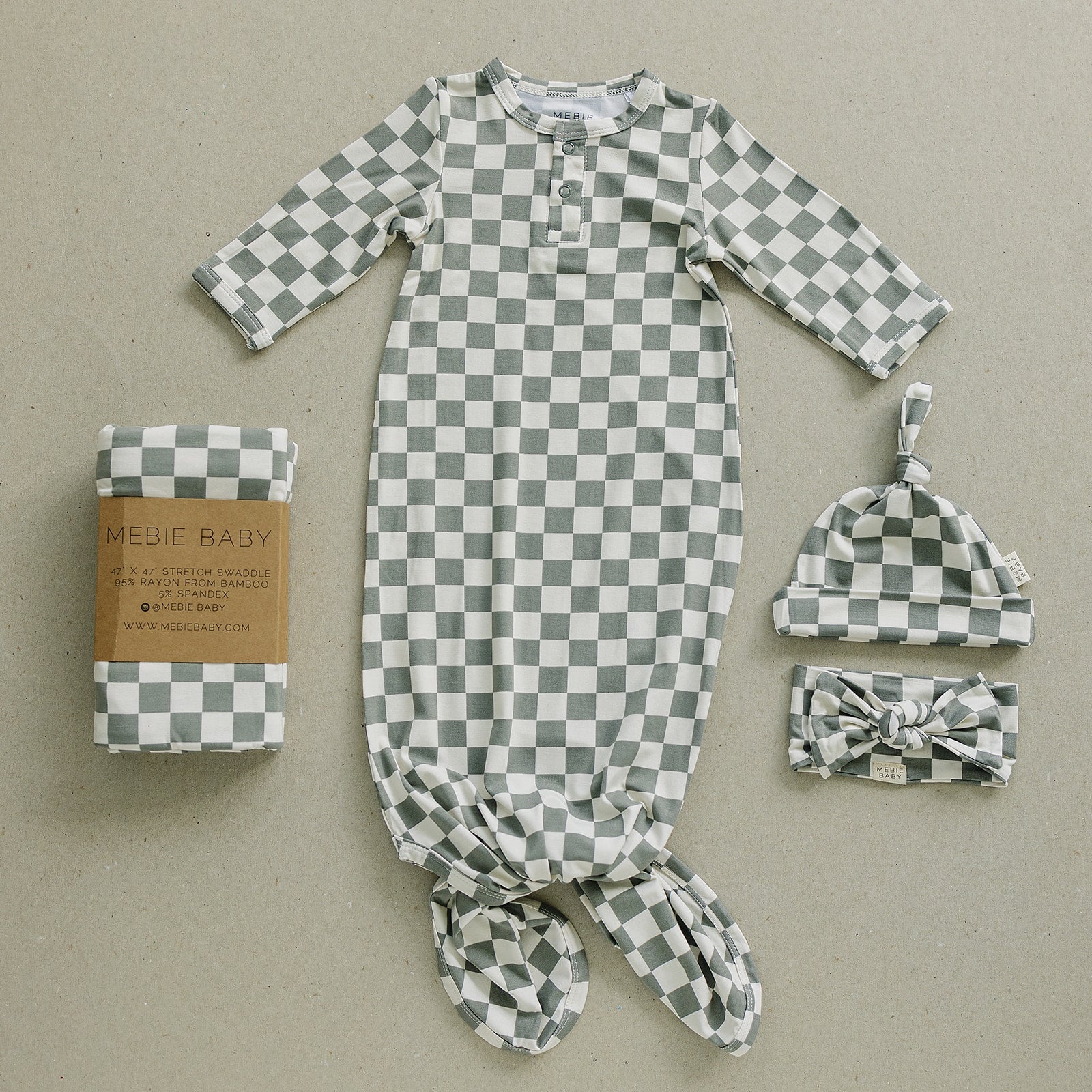 Mebie Baby Light Green Checkered Bamboo Head Wrap One Size Fits Newborns And Up - 