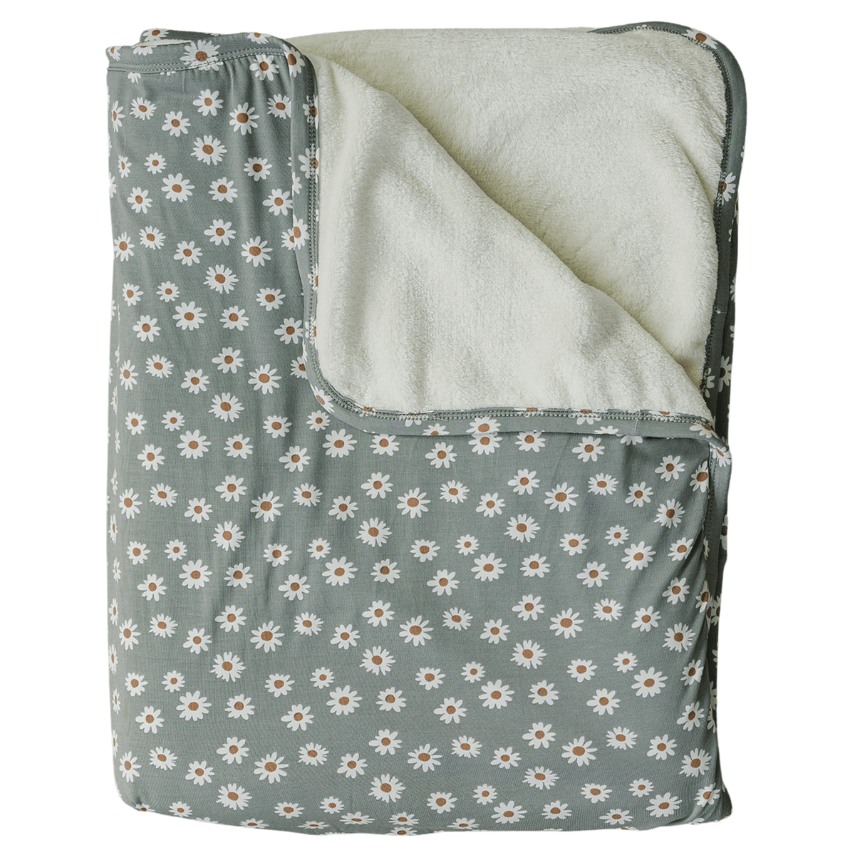 Baby quilt with light green daisy floral print on bamboo front and solid fleece backing.
