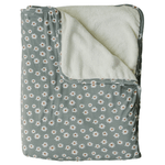Baby quilt with light green daisy floral print on bamboo front and solid fleece backing.