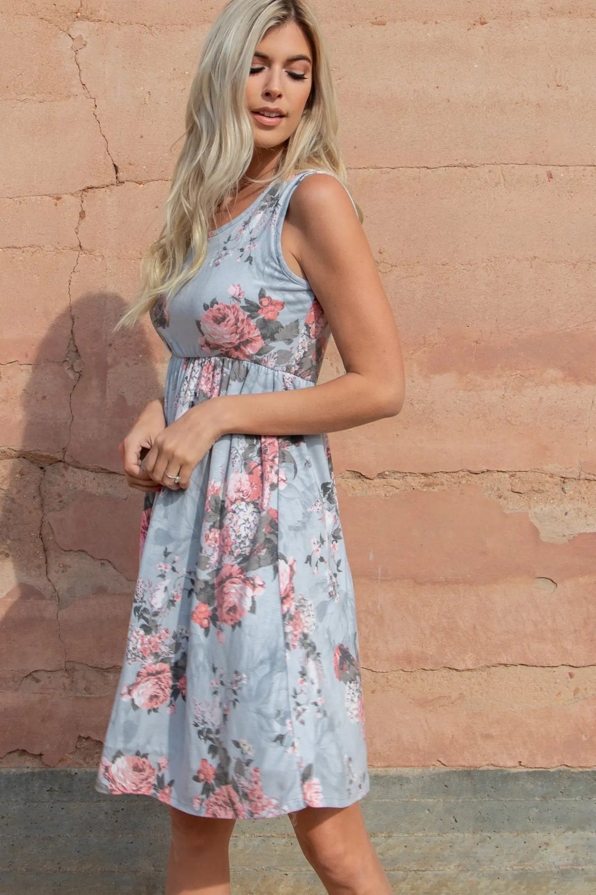 PinkBlush Light Grey Floral Sleeveless Dress - 