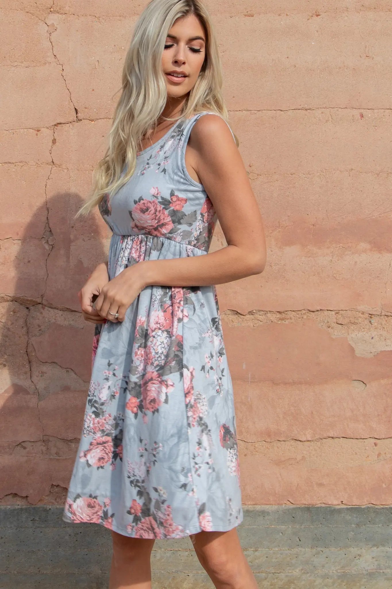 PinkBlush Light Grey Floral Sleeveless Dress - 