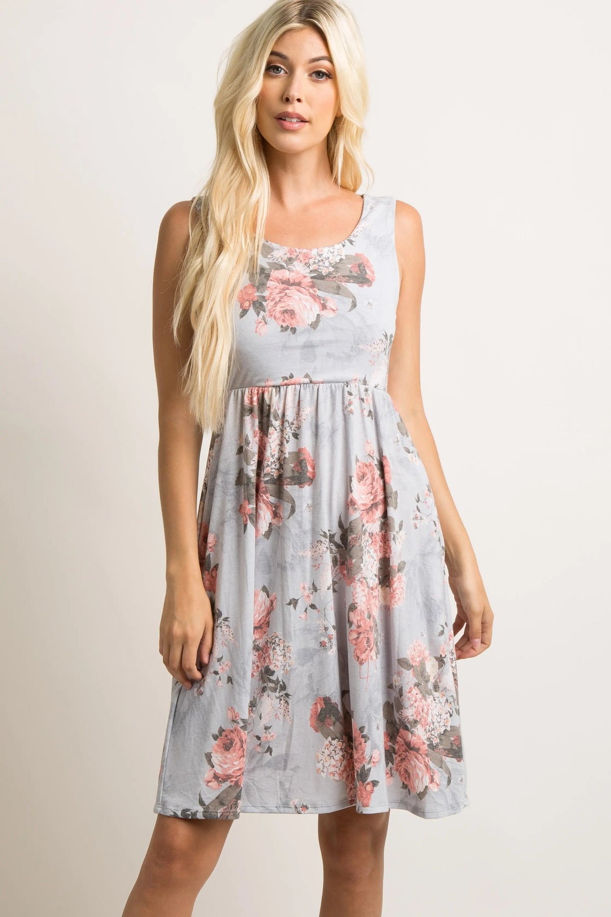 PinkBlush Light Grey Floral Sleeveless Maternity Dress - 
