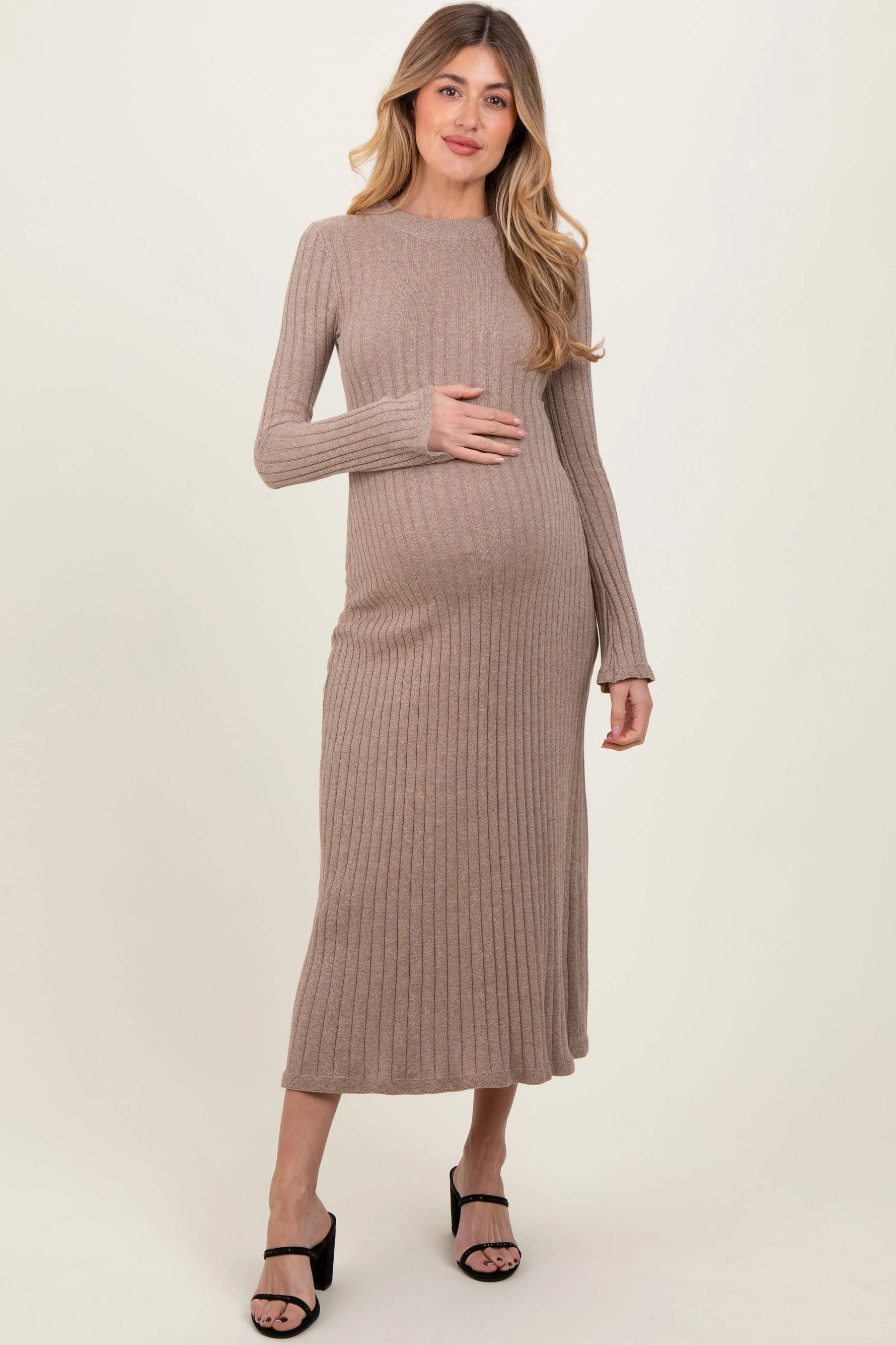 PinkBlush Light Mocha Ribbed Knit Maternity Midi Sweater Dress - 