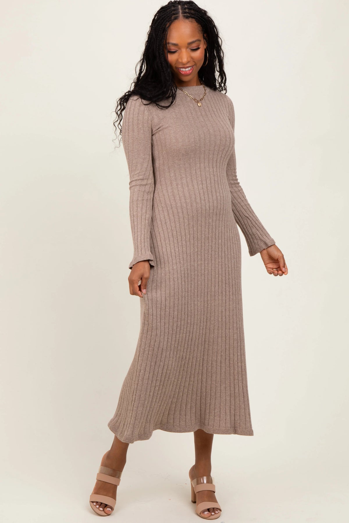 PinkBlush Light Mocha Ribbed Knit Maternity Midi Sweater Dress - 