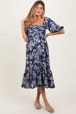 PinkBlush Light Navy Floral Pleated Bodice Maternity Midi Dress - 