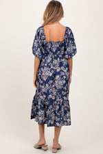 PinkBlush Light Navy Floral Pleated Bodice Maternity Midi Dress - 