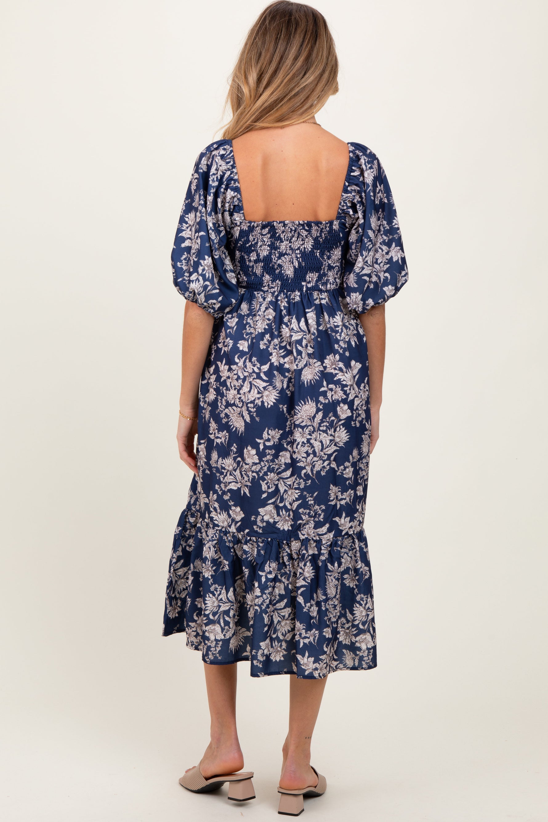 PinkBlush Light Navy Floral Pleated Bodice Maternity Midi Dress - 