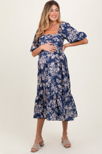 PinkBlush Light Navy Floral Pleated Bodice Maternity Midi Dress - 