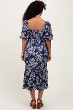 PinkBlush Light Navy Floral Pleated Bodice Midi Dress - 