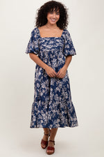 PinkBlush Light Navy Floral Pleated Bodice Midi Dress - 