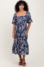 PinkBlush Light Navy Floral Pleated Bodice Midi Dress - 