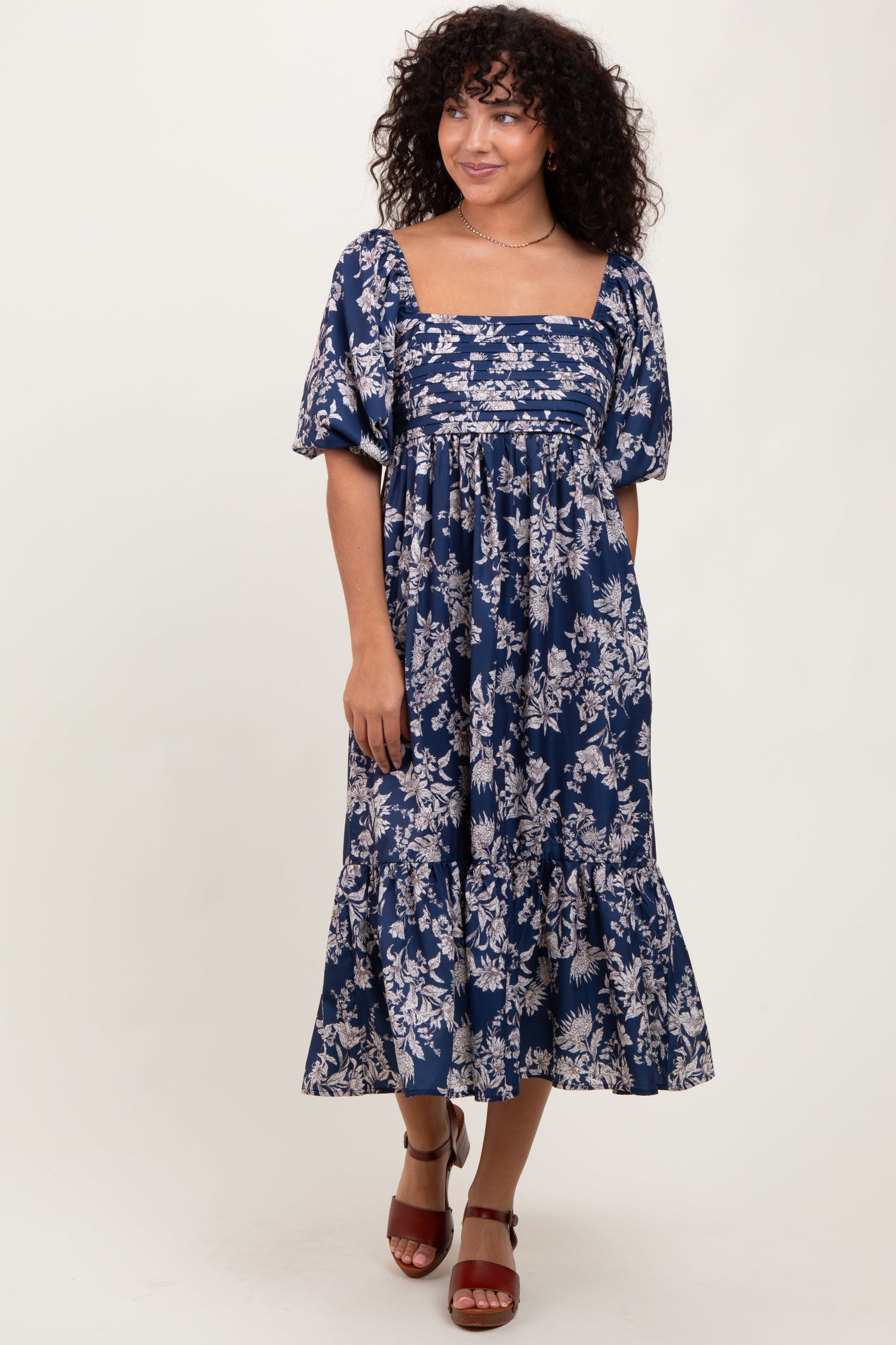 PinkBlush Light Navy Floral Pleated Bodice Midi Dress - 