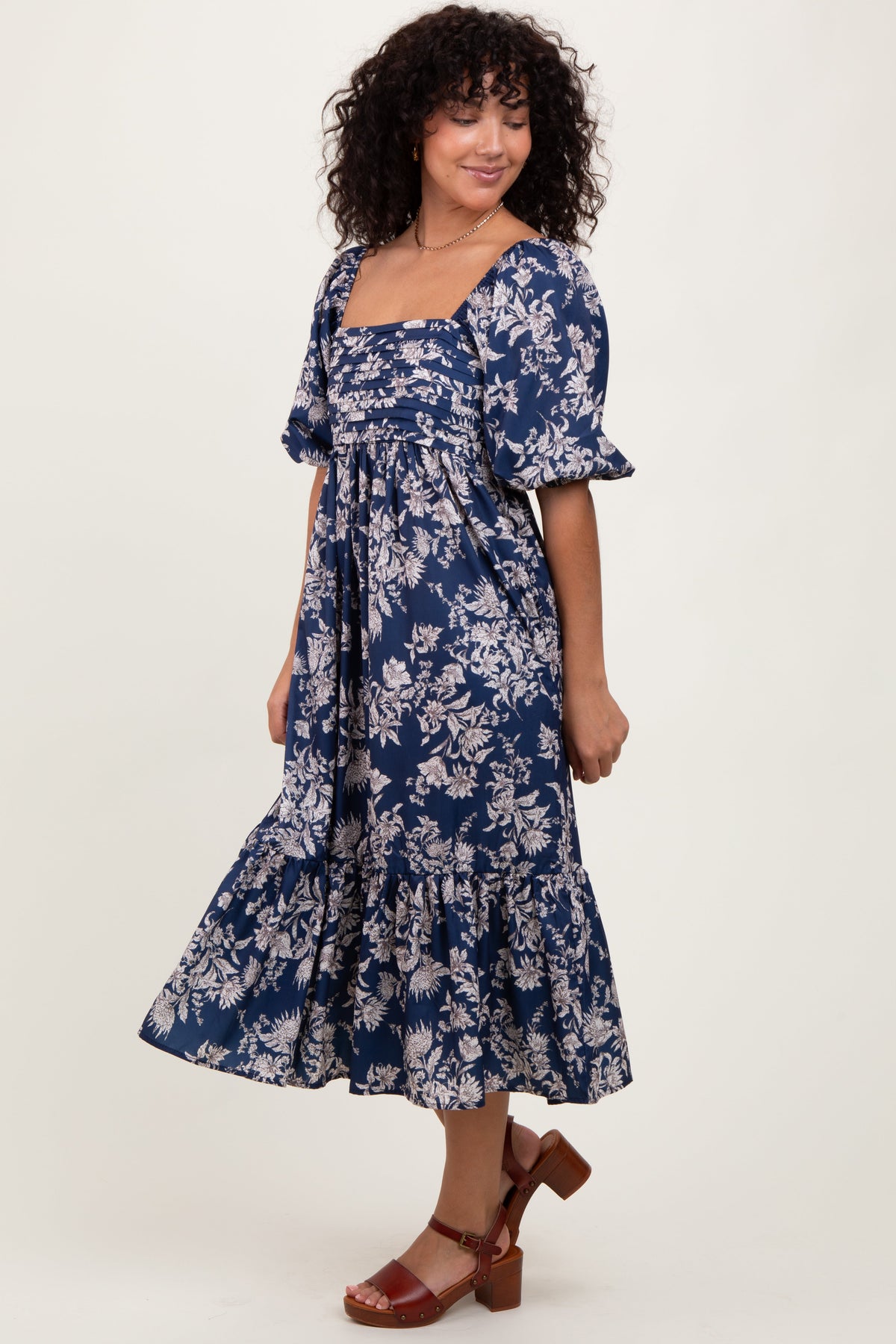 PinkBlush Light Navy Floral Pleated Bodice Midi Dress - 