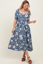 PinkBlush Light Navy Floral Sweetheart Neckline Maternity Midi Dress - 