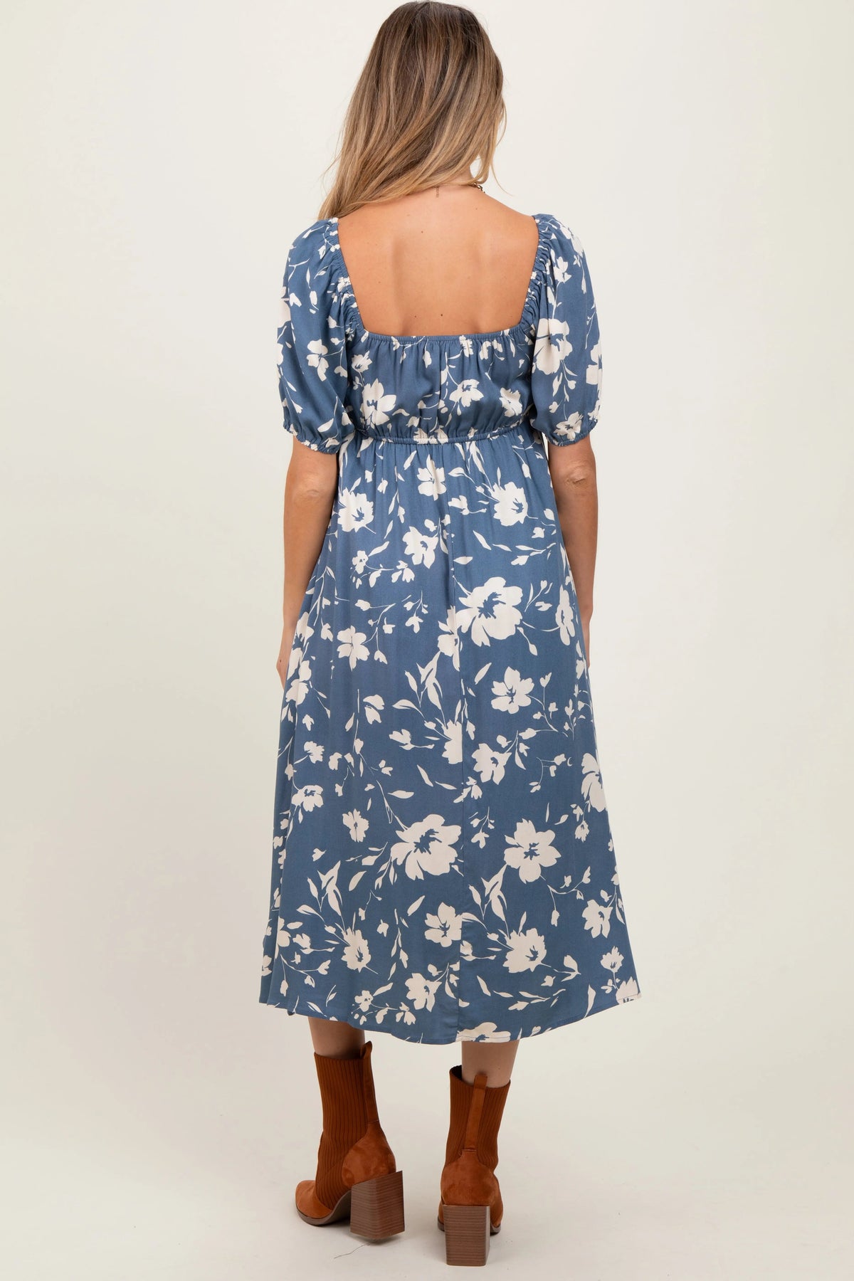 PinkBlush Light Navy Floral Sweetheart Neckline Maternity Midi Dress - 
