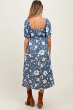 PinkBlush Light Navy Floral Sweetheart Neckline Maternity Midi Dress - 