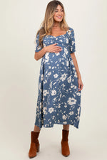 PinkBlush Light Navy Floral Sweetheart Neckline Maternity Midi Dress - 