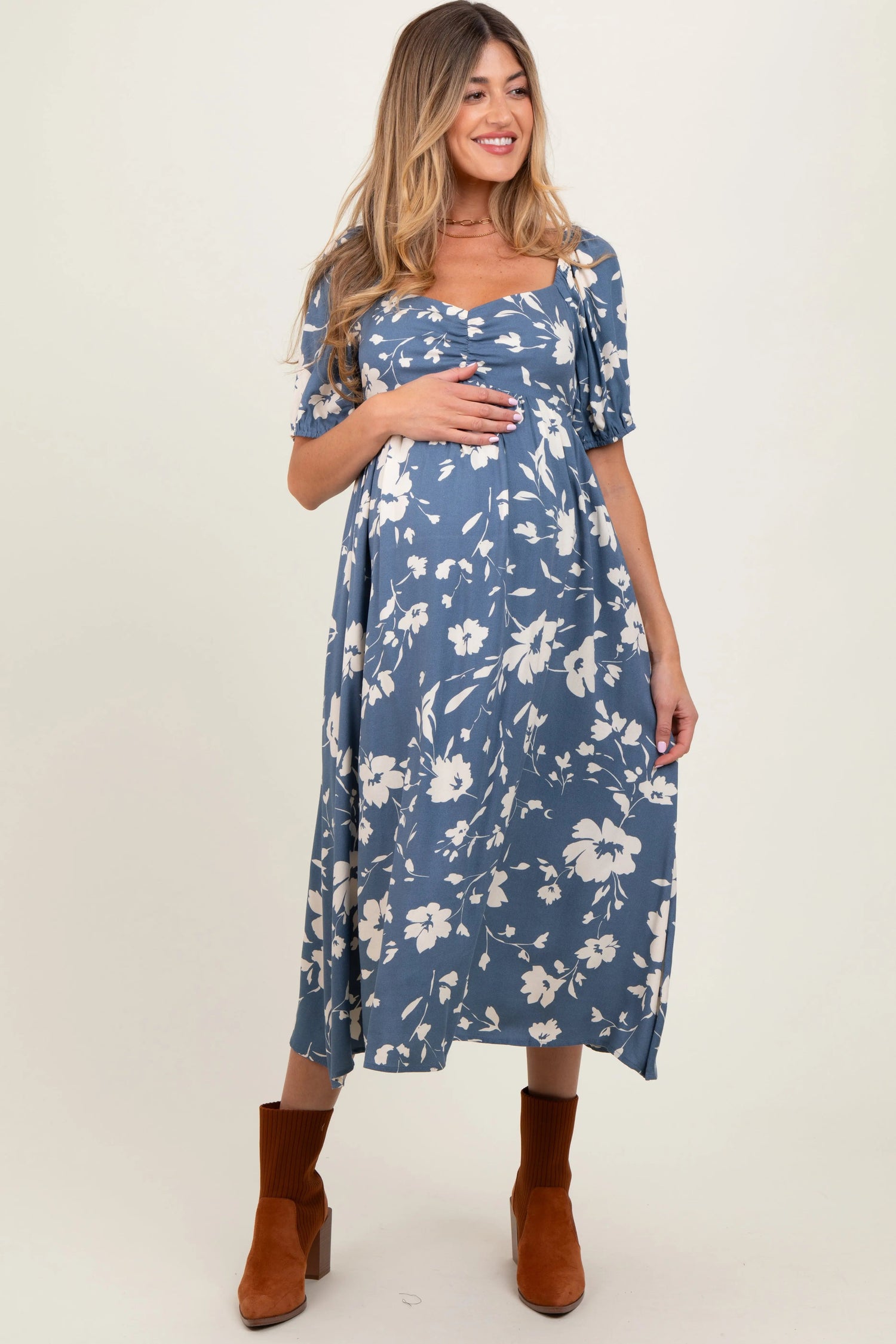 PinkBlush Light Navy Floral Sweetheart Neckline Maternity Midi Dress - 