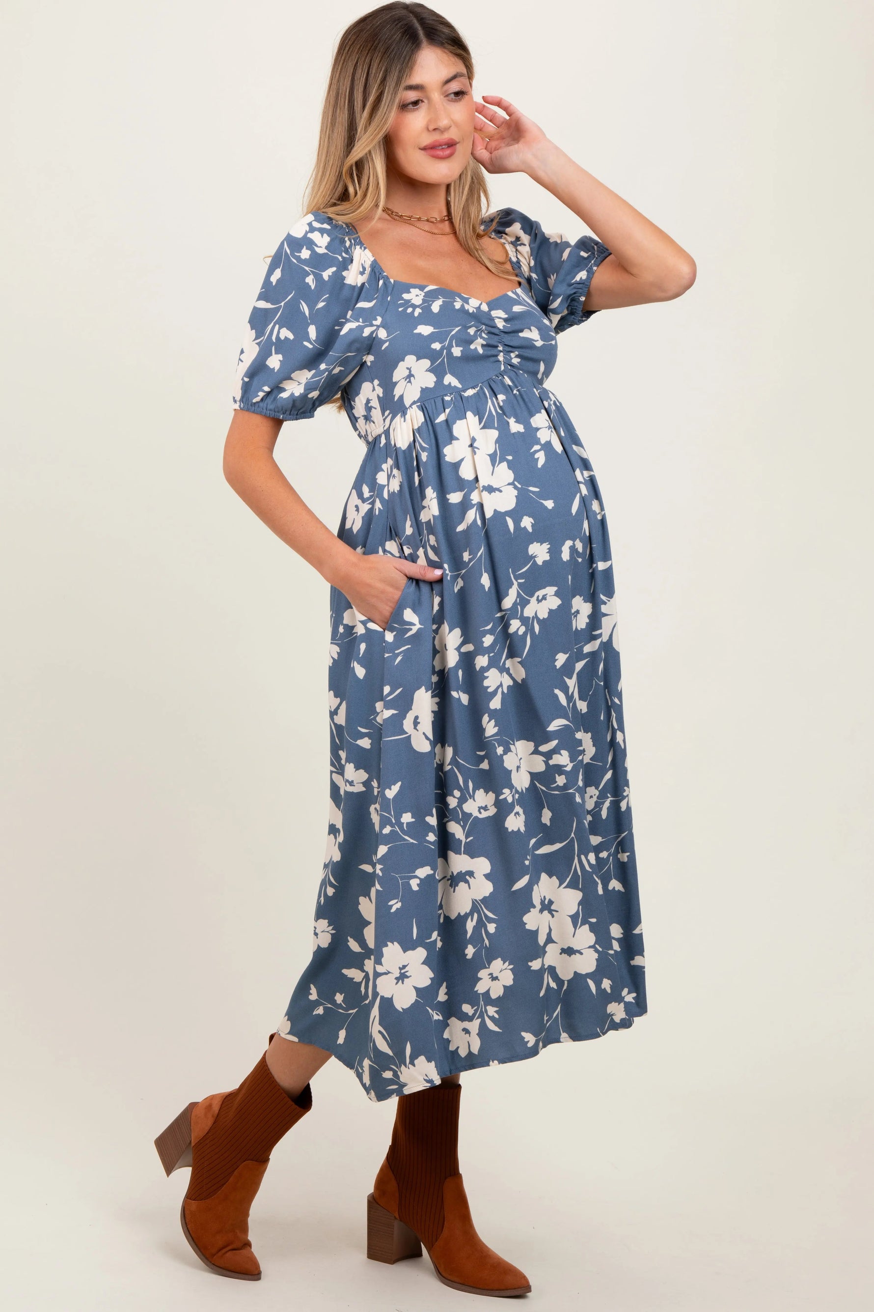 PinkBlush Light Navy Floral Sweetheart Neckline Maternity Midi Dress - 