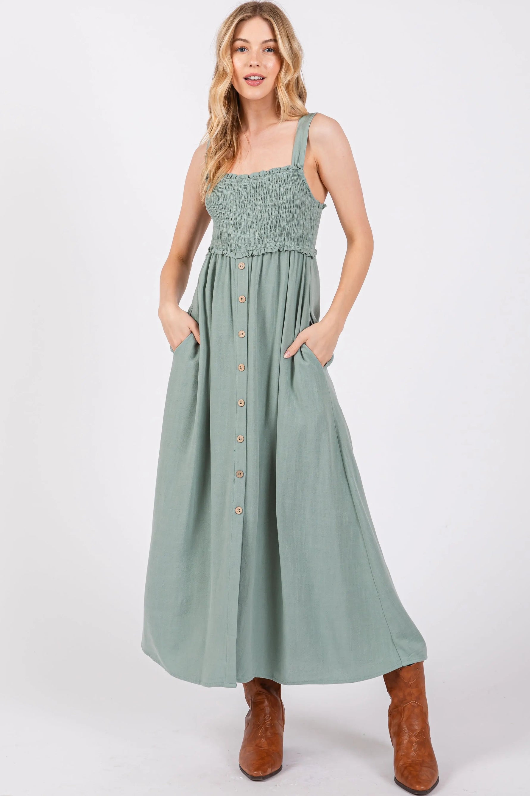 PinkBlush Light Olive Button Down Smocked Maternity Dress - 