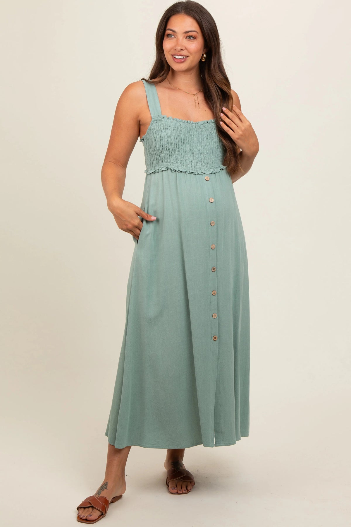 PinkBlush Light Olive Button Down Smocked Maternity Dress - 