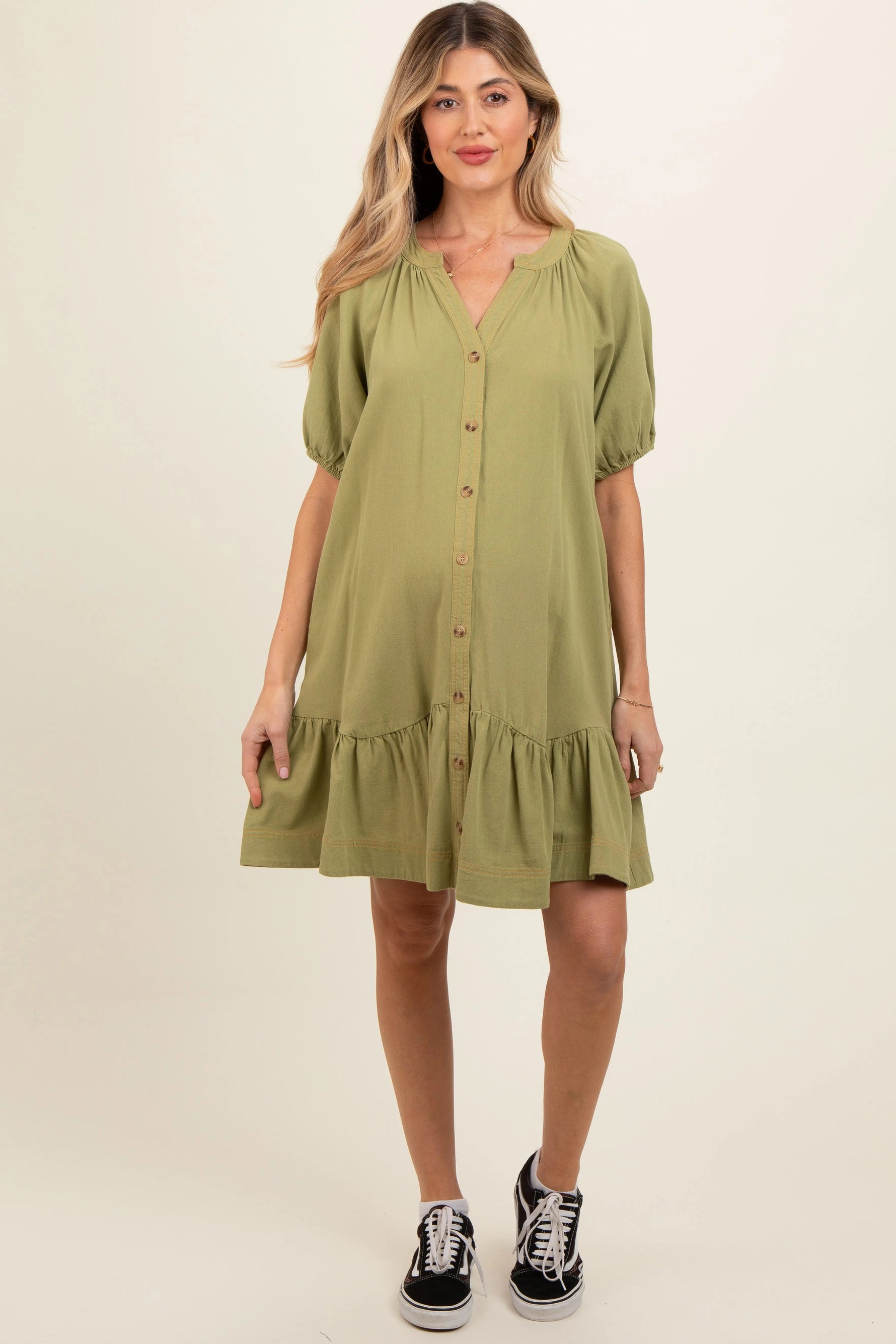 Light Olive Button Front Short Puff Sleeve Maternity Dress - Dress, Day Dress, One-piece garment, Person, Shoe | Everetts Place
