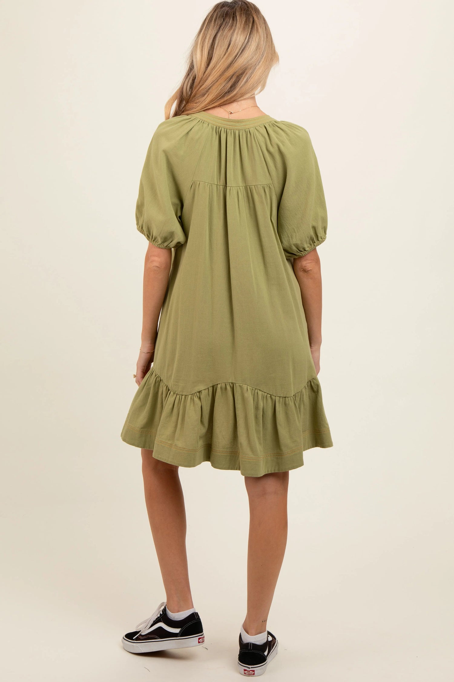 PinkBlush Light Olive Button Front Short Puff Sleeve Maternity Dress - 