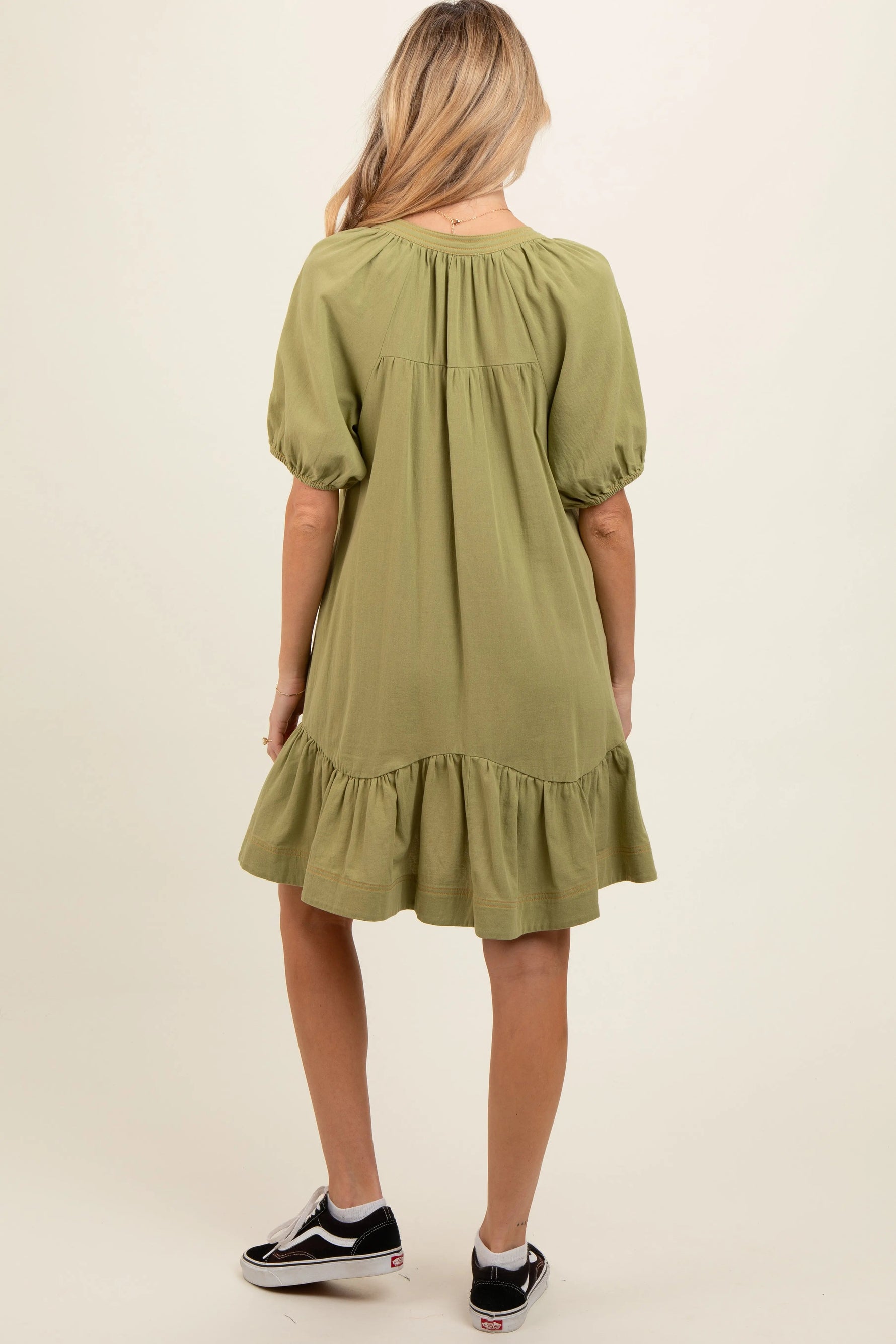 PinkBlush Light Olive Button Front Short Puff Sleeve Maternity Dress - 