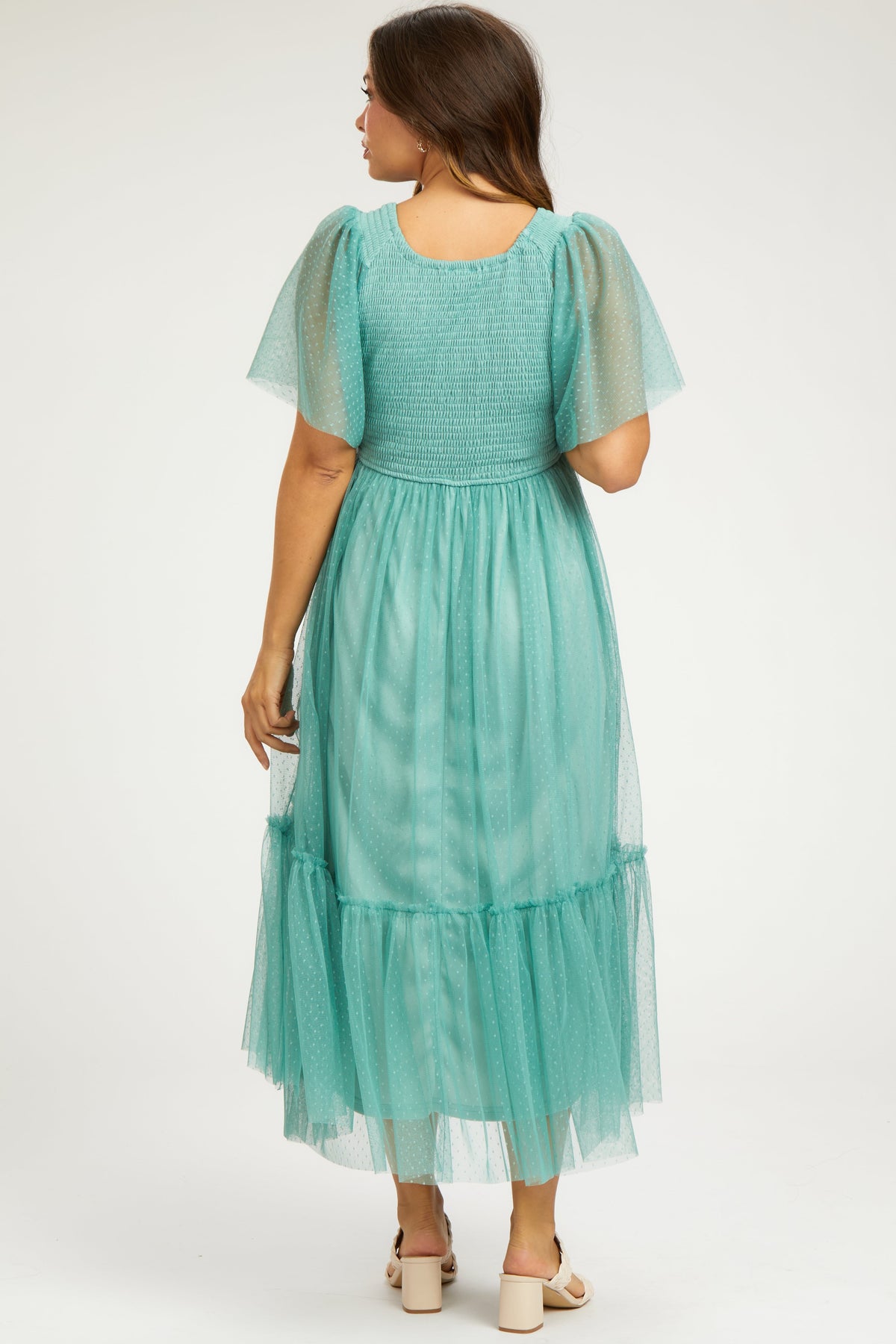 PinkBlush Light Olive Dotted Tulle Smocked Maternity Midi DressEveretts Place