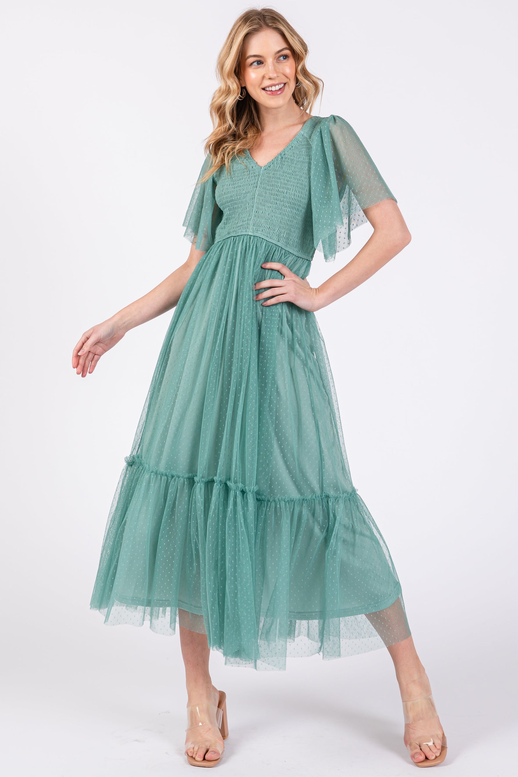 PinkBlush Light Olive Dotted Tulle Smocked Maternity Midi DressEveretts Place