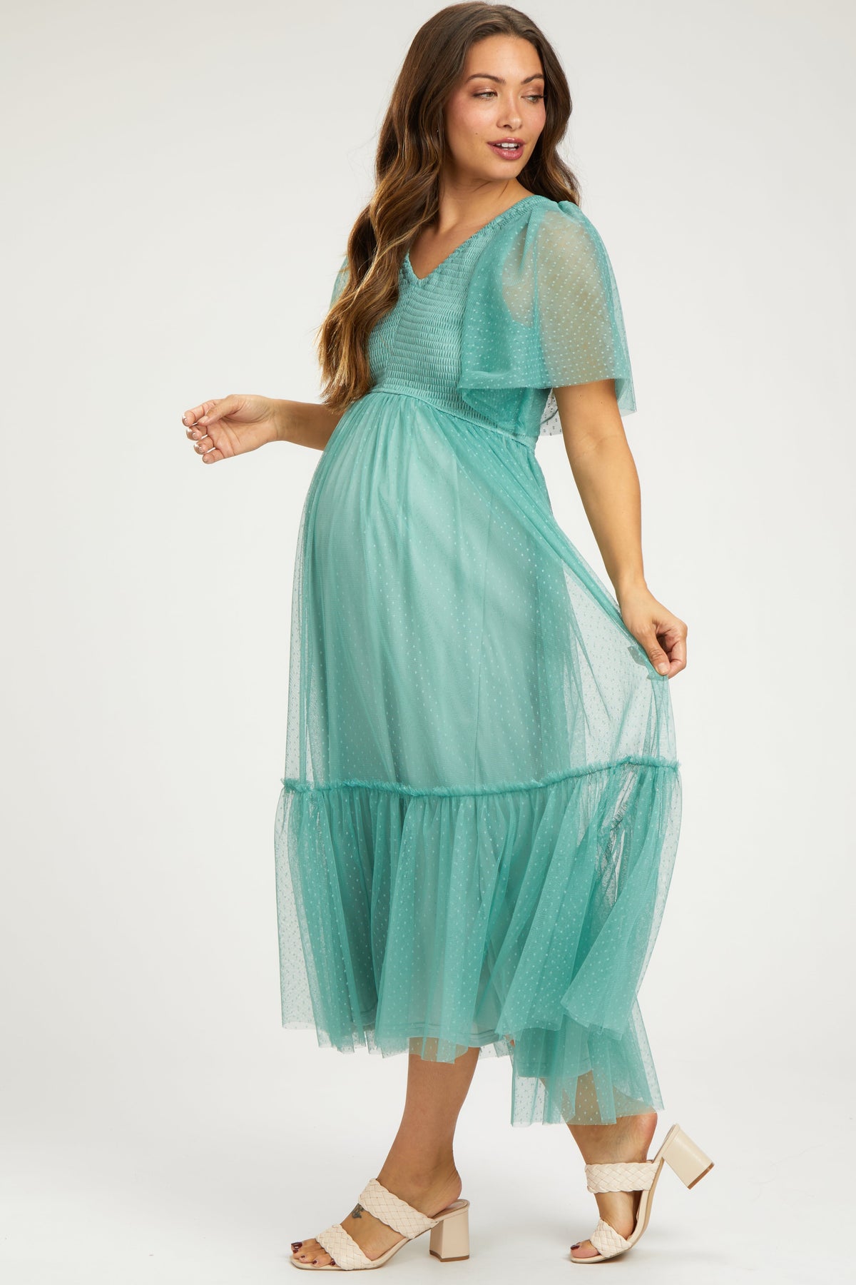 PinkBlush Light Olive Dotted Tulle Smocked Maternity Midi DressEveretts Place