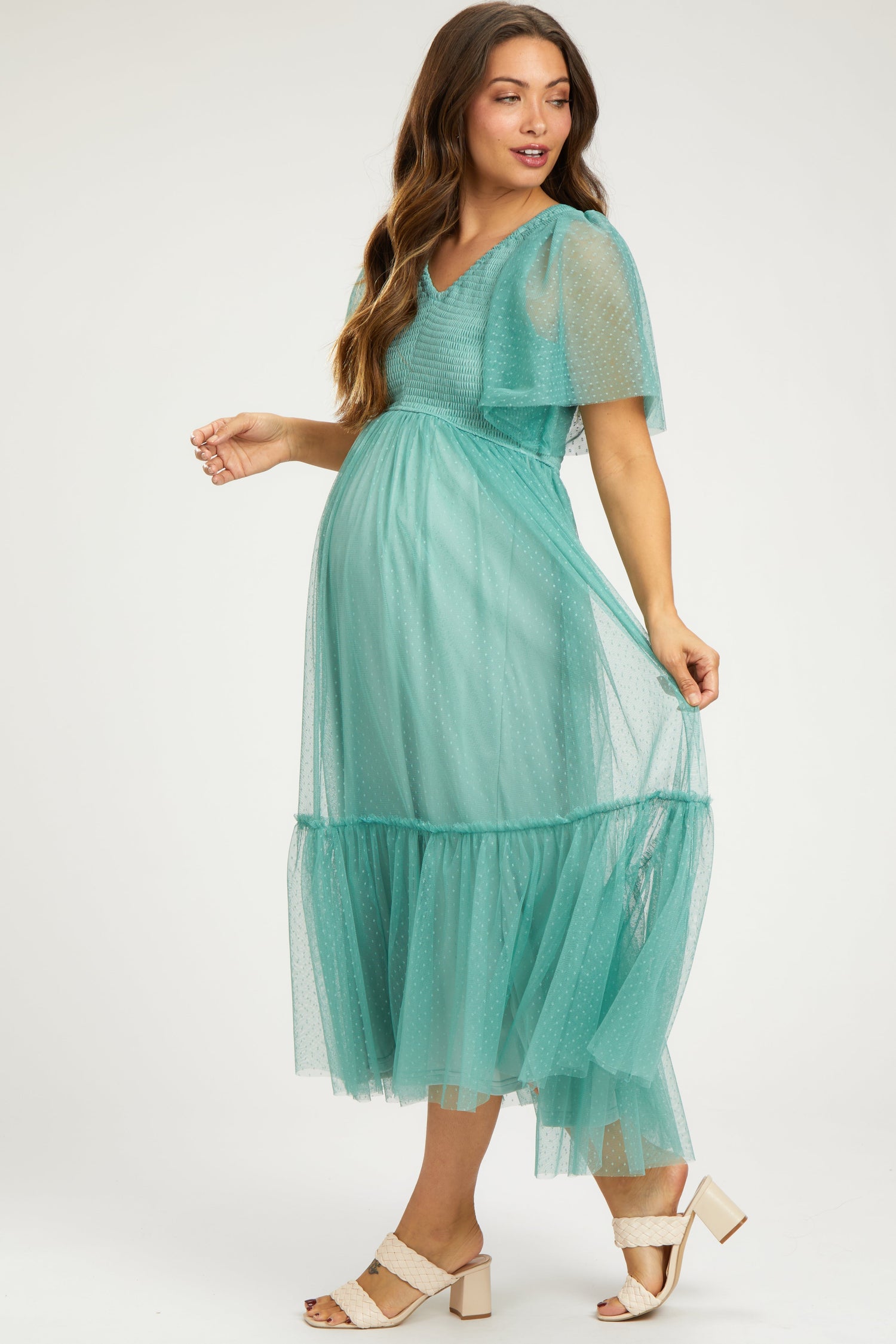 PinkBlush Light Olive Dotted Tulle Smocked Maternity Midi DressEveretts Place