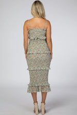 PinkBlush Light Olive Floral Chiffon Smocked Fitted Maternity Midi Dress - 