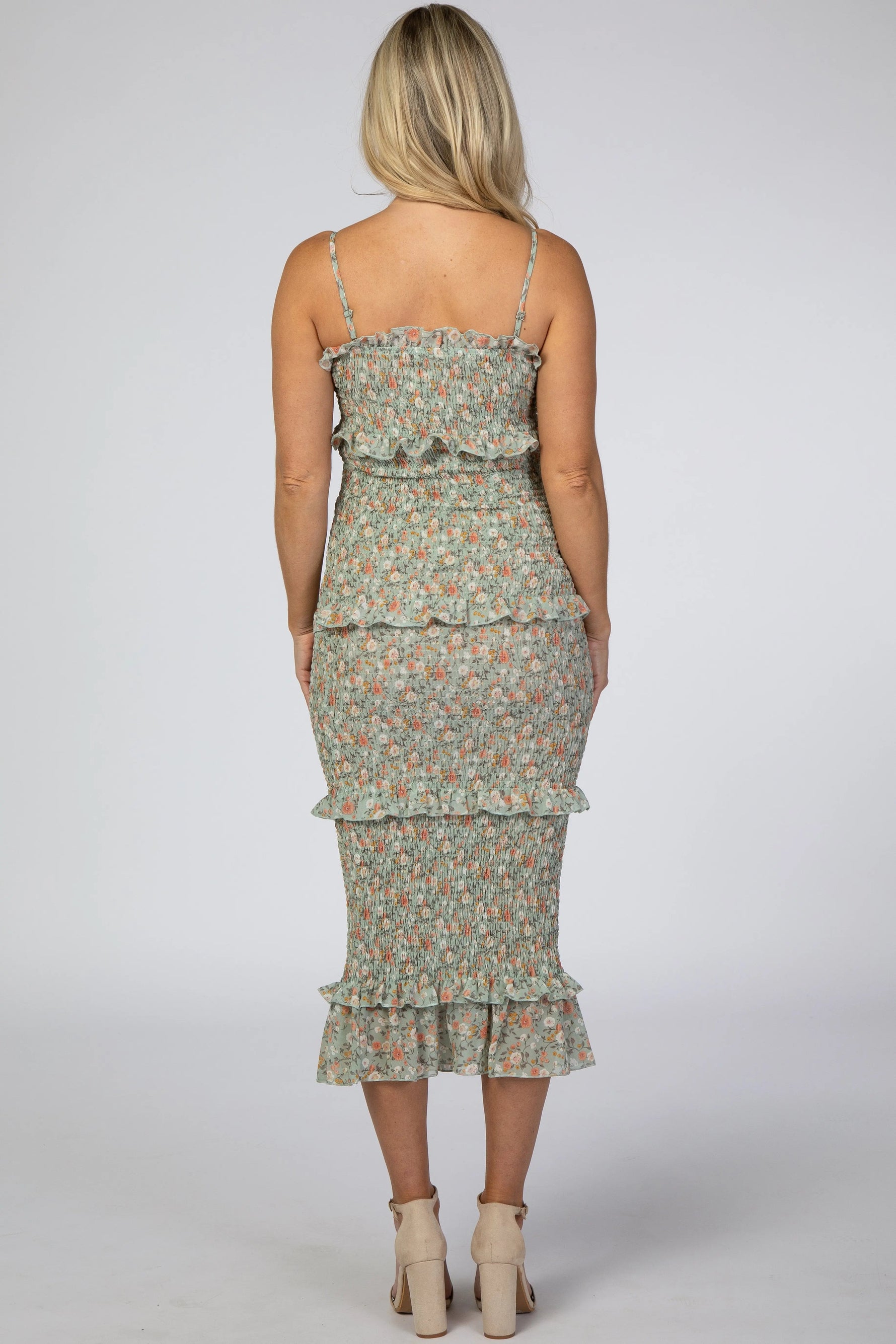PinkBlush Light Olive Floral Chiffon Smocked Fitted Maternity Midi Dress - 