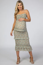 PinkBlush Light Olive Floral Chiffon Smocked Fitted Maternity Midi Dress - 