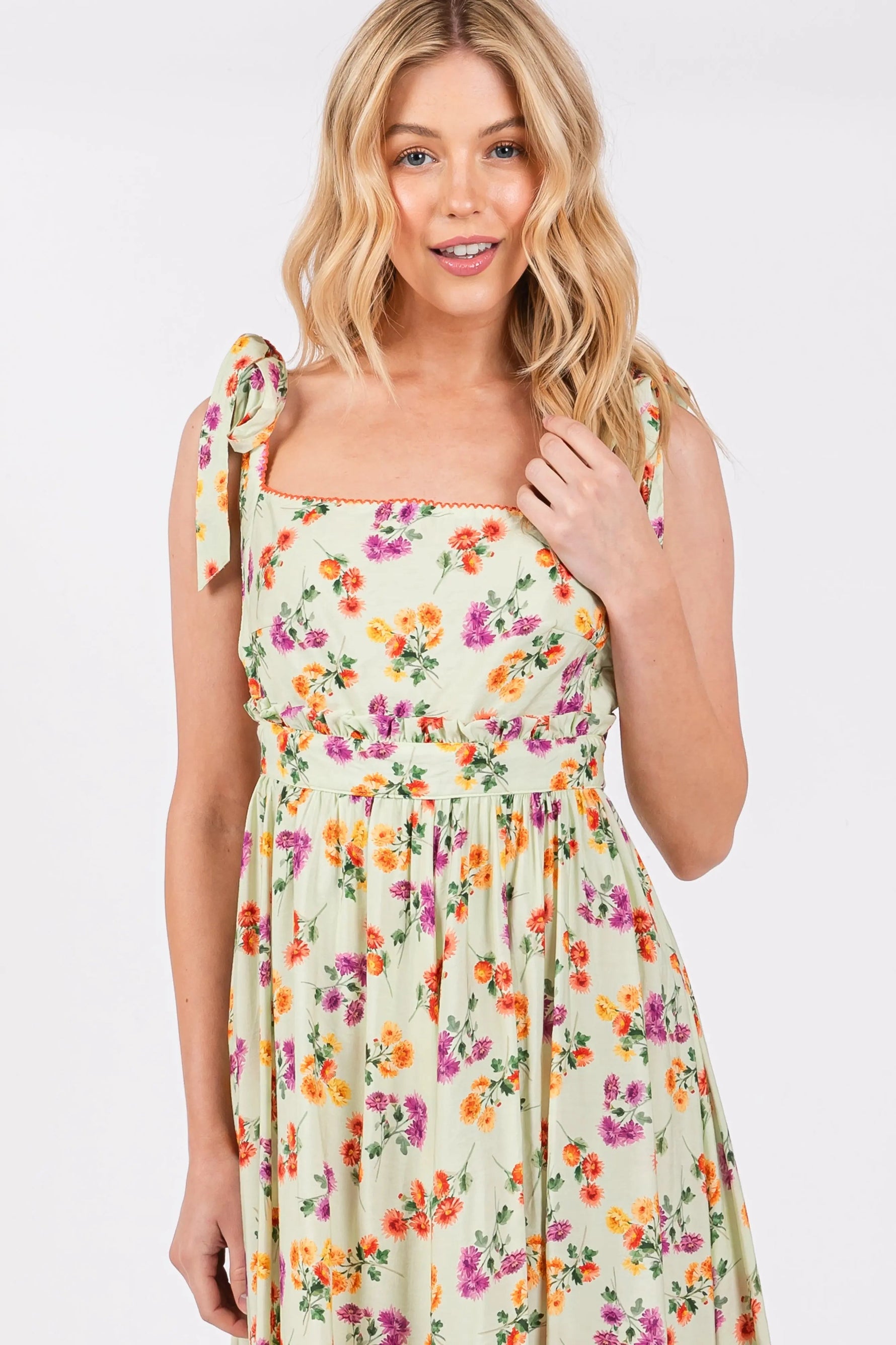 PinkBlush Light Olive Floral Open Back Midi Dress - 