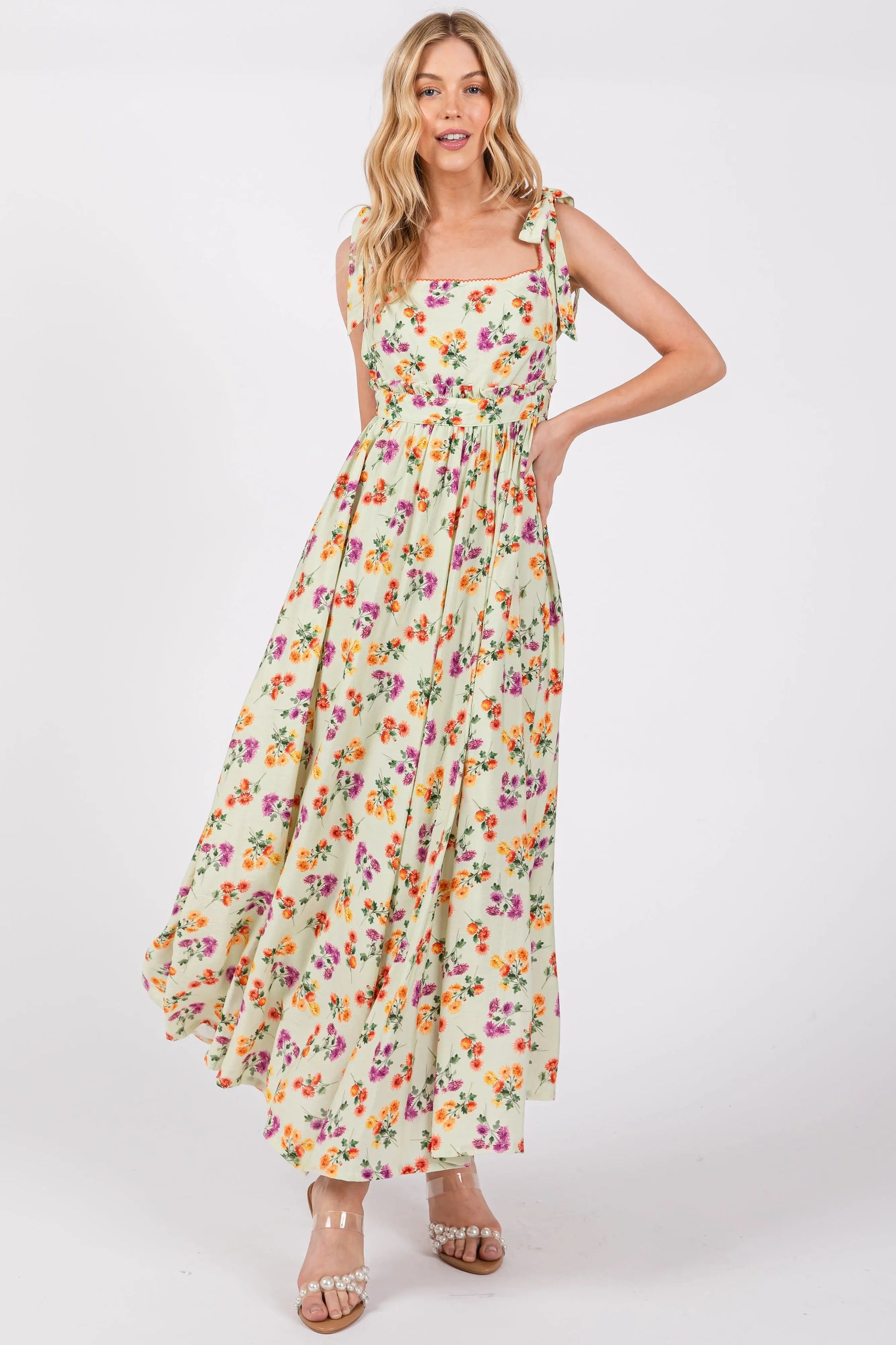 PinkBlush Light Olive Floral Open Back Midi Dress - 