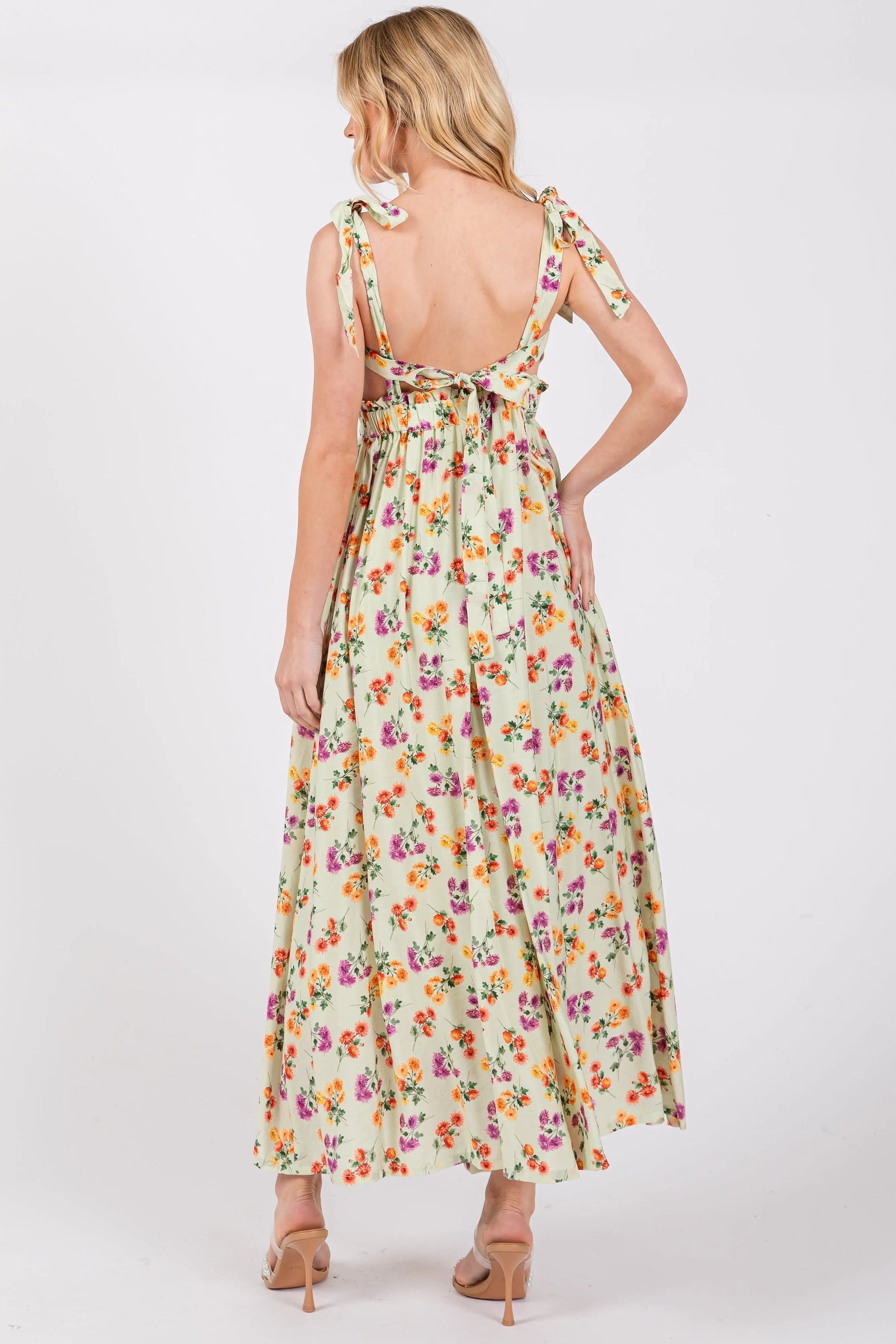 PinkBlush Light Olive Floral Open Back Midi Dress - 