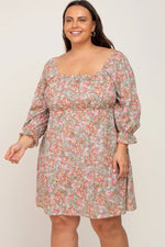 PinkBlush Light Olive Floral Plus Size Dress with Bubble Sleeves for Summer Style - 