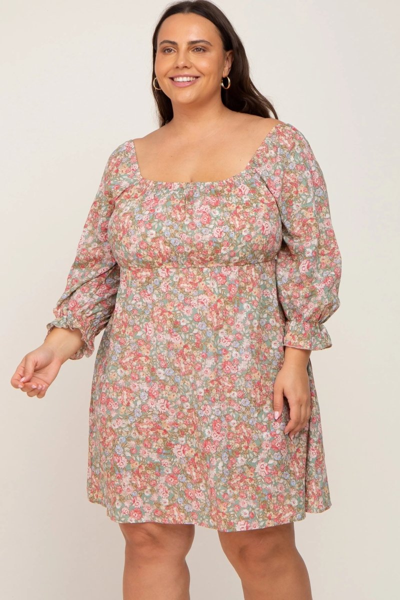 PinkBlush Light Olive Floral Plus Size Dress with Bubble Sleeves for Summer Style - 