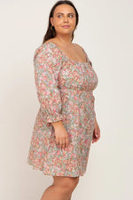 PinkBlush Light Olive Floral Plus Size Dress with Bubble Sleeves for Summer Style - 