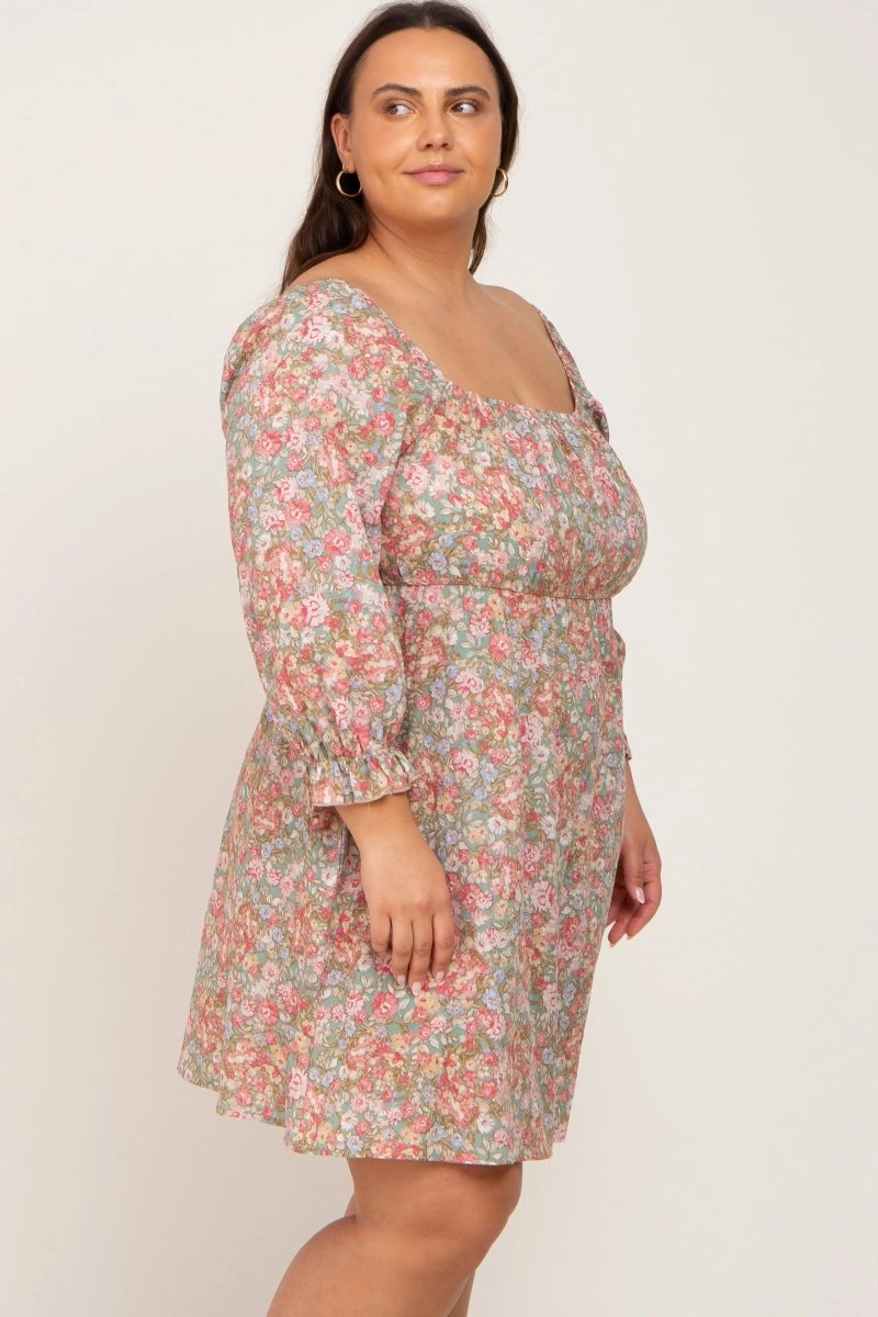 PinkBlush Light Olive Floral Plus Size Dress with Bubble Sleeves for Summer Style - 