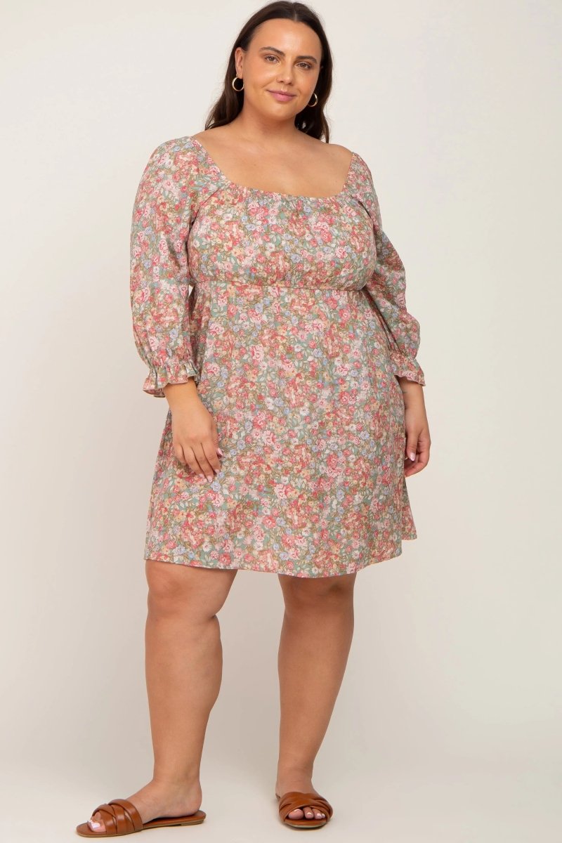 PinkBlush Light Olive Floral Plus Size Dress with Bubble Sleeves for Summer Style - 