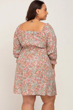PinkBlush Light Olive Floral Plus Size Dress with Bubble Sleeves for Summer Style - 