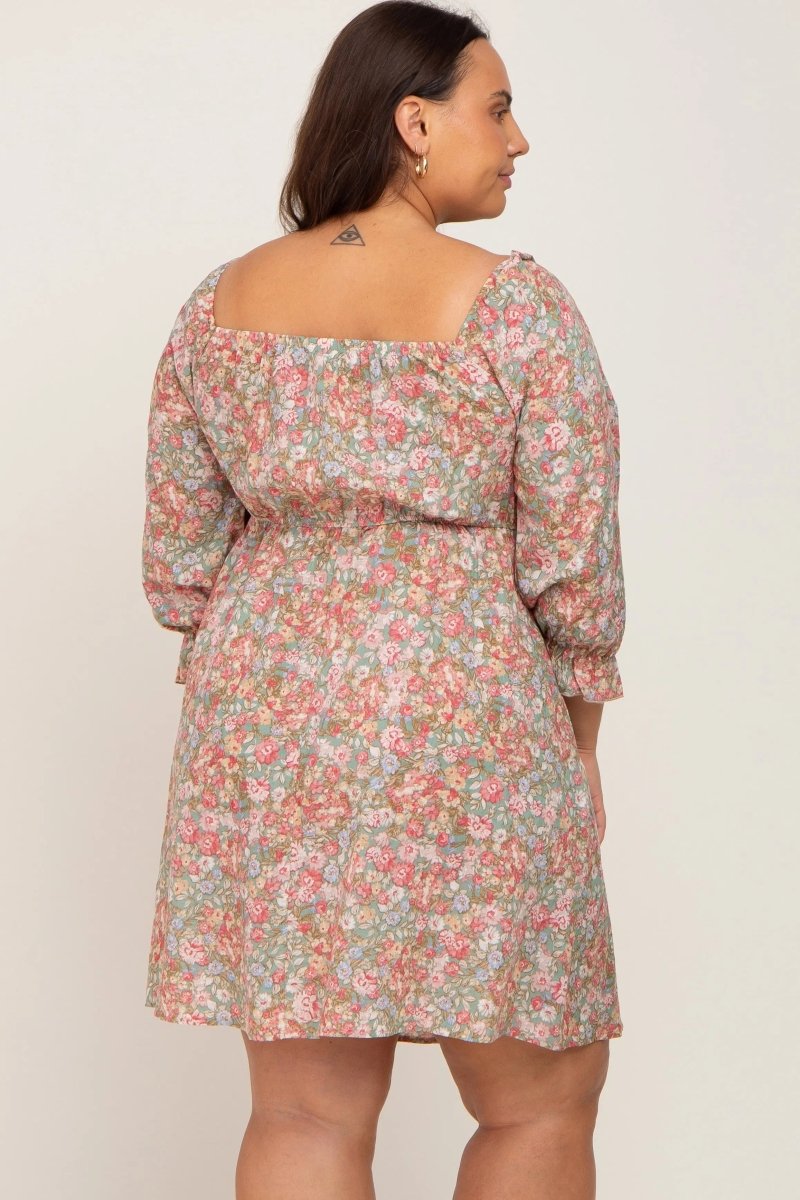 PinkBlush Light Olive Floral Plus Size Dress with Bubble Sleeves for Summer Style - 
